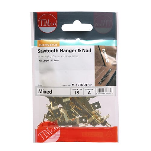 Timco Mixed Sawtooth Hangers And Nails Electro Brass - 41Mm & 63Mm - Pack  Qty - 15 Pcs