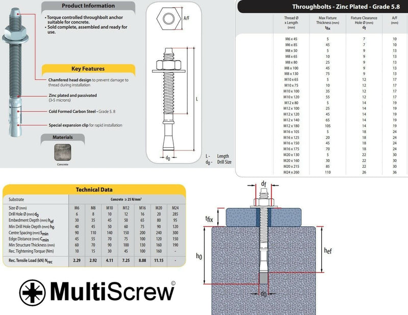 MultiScrew Business, Office & Industrial:Fasteners & Hardware:Other Fasteners & Hardware M6 x 45mm THROUGH ANCHOR WALL BOLTS RAWL BRICK MASONRY CONCRETE THROUGHBOLTS
