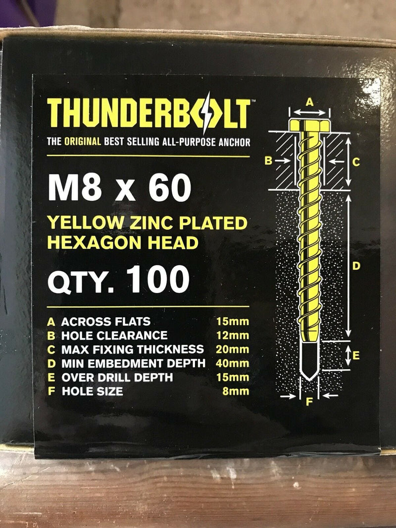 THUNDERBOLT Business, Office & Industrial:Fasteners & Hardware:Other Fasteners & Hardware M8 x 60mm GENUINE THUNDERBOLT MASONRY CONCRETE ANCHOR BOLTS SCREW ZINC YZP HEX