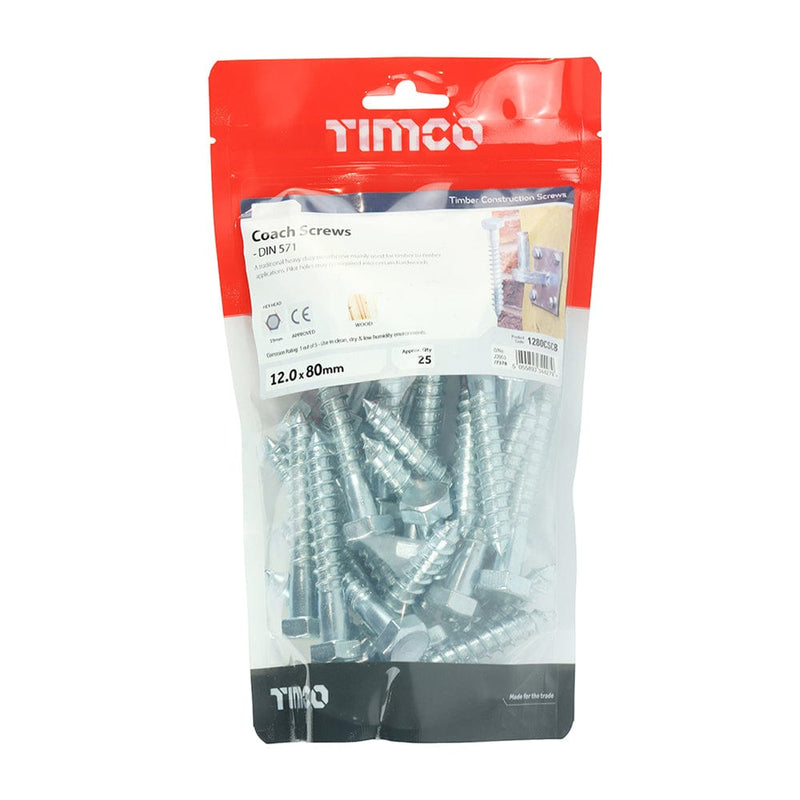 TIMCO Fasteners & Fixings 12.0 x 80 / 25 / TIMbag TIMCO Coach Screws Hex Head Silver