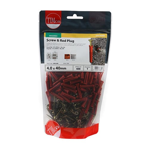 TIMCO Fasteners & Fixings 30mm Red Plug, 4.0x40 Screw / 200 TIMCO Red Plastic Plugs with Screws