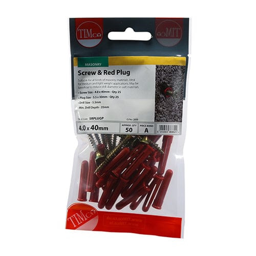 TIMCO Fasteners & Fixings 30mm Red Plug, 4.0x40 Screw / 25 TIMCO Red Plastic Plugs with Screws