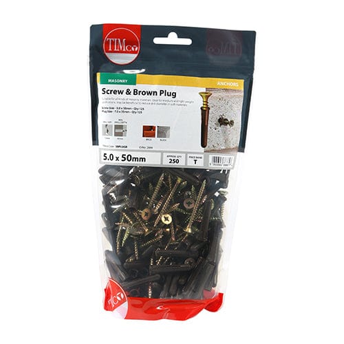TIMCO Fasteners & Fixings 35mm Brown Plug, 5.0x50 Screw / 125 TIMCO Brown Premium Plastic Plugs With Twin-Threaded Countersunk Silver Woodscrews
