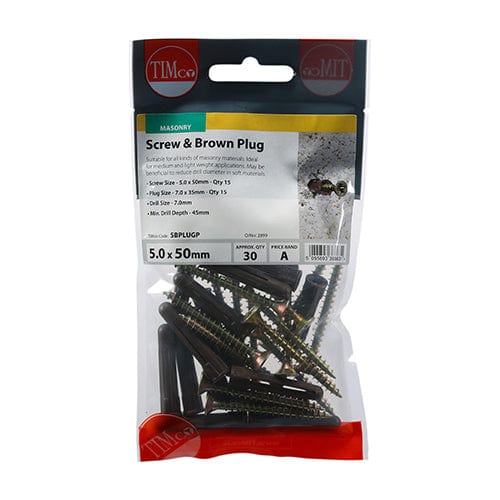TIMCO Fasteners & Fixings 35mm Brown Plug, 5.0x50 Screw / 15 TIMCO Brown Premium Plastic Plugs With Twin-Threaded Countersunk Silver Woodscrews