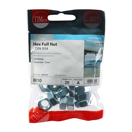 TIMCO Fasteners & Fixings M10 / 20 / TIMpac TIMCO Hex Full Nuts DIN934 Silver