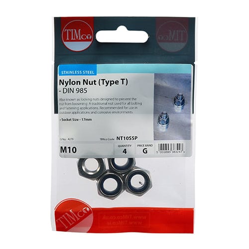 TIMCO Fasteners & Fixings M10 / 4 TIMCO Nylon Insert Nuts Type T DIN985 A2 Stainless Steel