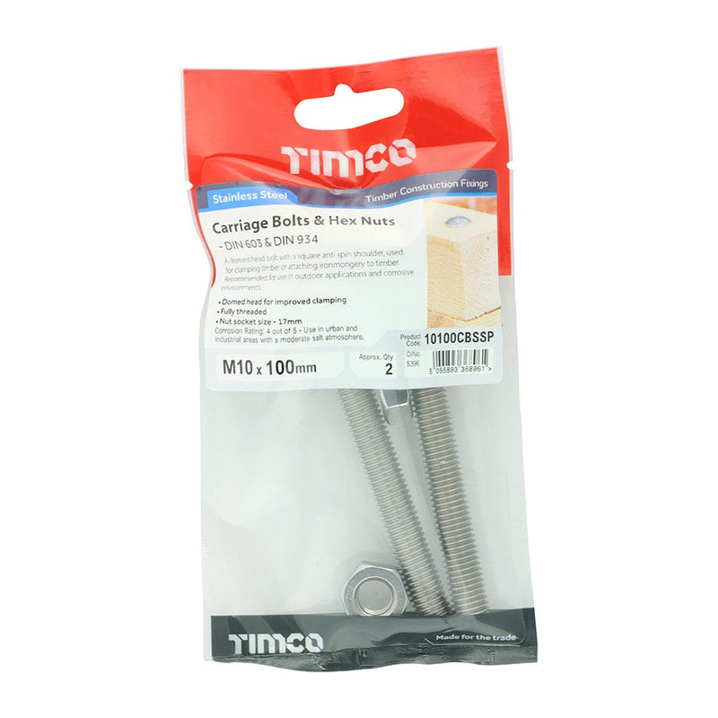 TIMCO Fasteners & Fixings M10 x 100 / 2 TIMCO Carriage Bolts DIN603 & Hex Full Nut DIN934 A2 Stainless Steel