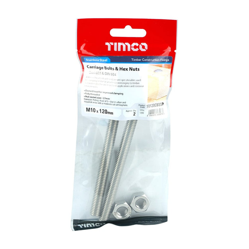 TIMCO Fasteners & Fixings M10 x 120 / 2 TIMCO Carriage Bolts DIN603 & Hex Full Nut DIN934 A2 Stainless Steel