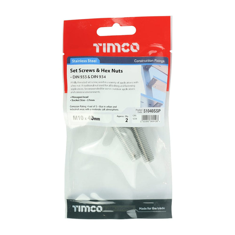 TIMCO Fasteners & Fixings M10 x 40 / 2 TIMCO Set Screws DIN933 Hex & Nut DIN934 Silver A2 Stainless Steel