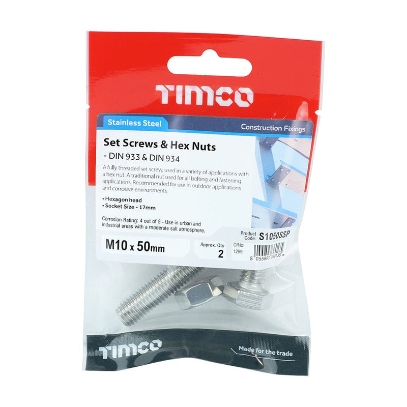 TIMCO Fasteners & Fixings M10 x 50 / 2 TIMCO Set Screws DIN933 Hex & Nut DIN934 Silver A2 Stainless Steel