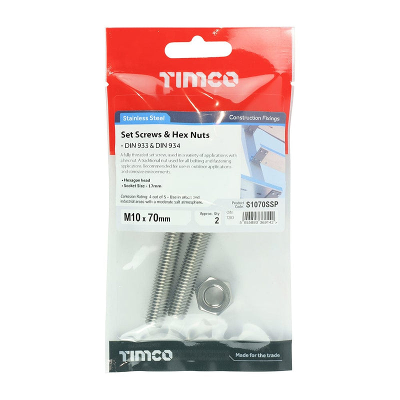 TIMCO Fasteners & Fixings M10 x 70 / 2 TIMCO Set Screws DIN933 Hex & Nut DIN934 Silver A2 Stainless Steel