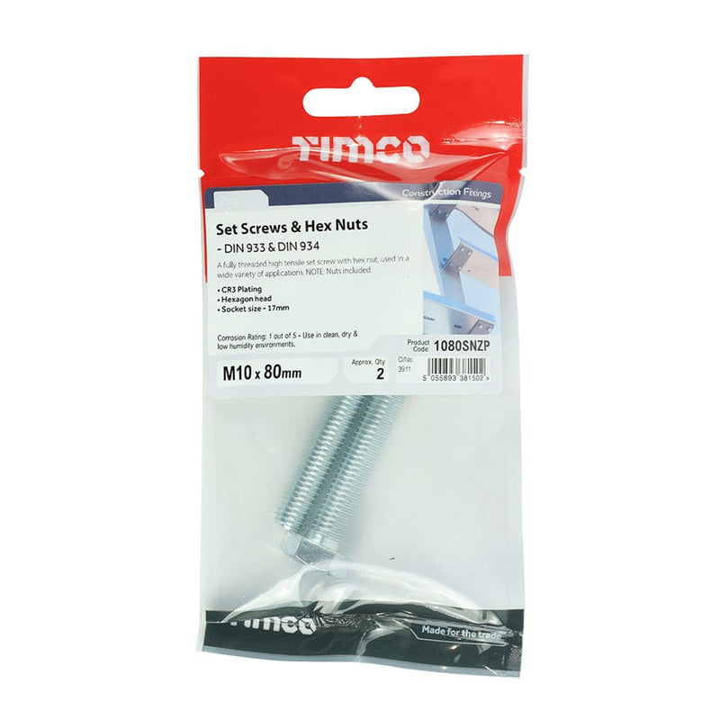 TIMCO Fasteners & Fixings M10 x 80 / 2 / TIMpac TIMCO Set Screws DIN933 Grade 8.8 & Hex Nut DIN934 Silver