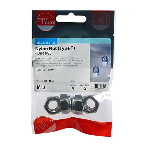 TIMCO Fasteners & Fixings M12 / 4 TIMCO Nylon Insert Nuts Type T DIN985 A2 Stainless Steel