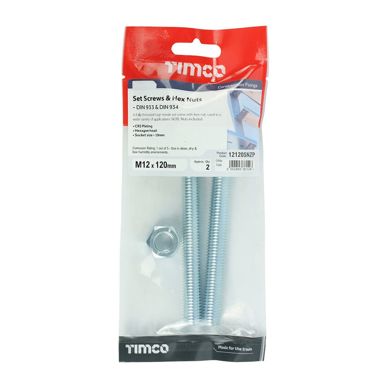 TIMCO Fasteners & Fixings M12 x 120 / 2 / TIMpac TIMCO Set Screws DIN933 Grade 8.8 & Hex Nut DIN934 Silver