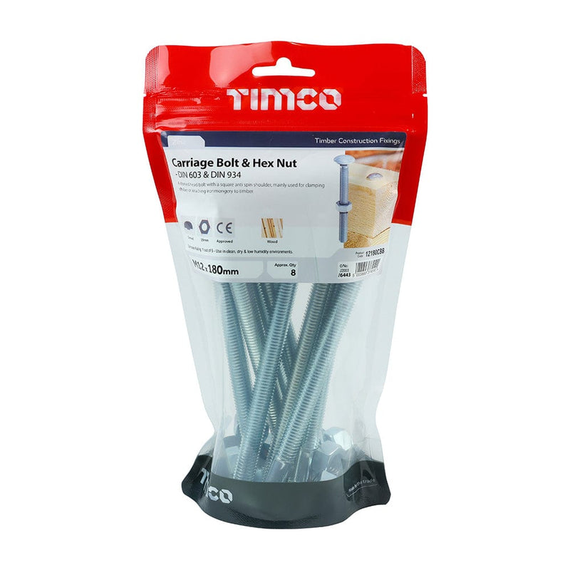 TIMCO Fasteners & Fixings M12 x 180 / 8 / TIMbag TIMCO Carriage Bolts DIN603 & Hex Full Nut DIN934 Silver