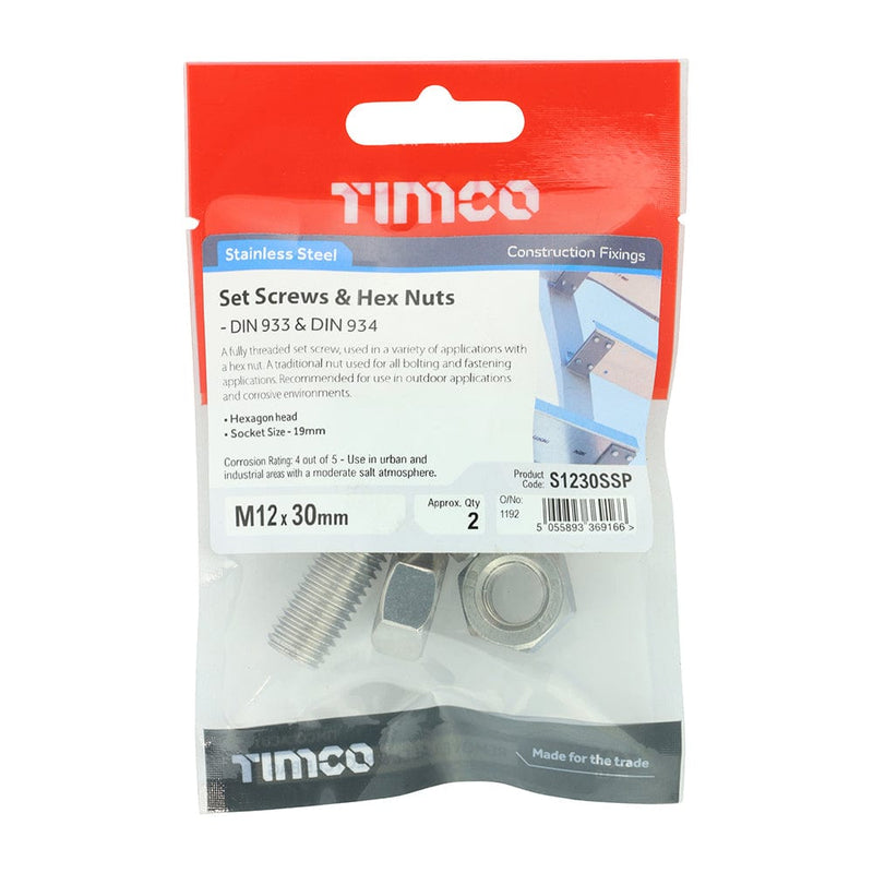 TIMCO Fasteners & Fixings M12 x 30 / 2 TIMCO Set Screws DIN933 Hex & Nut DIN934 Silver A2 Stainless Steel