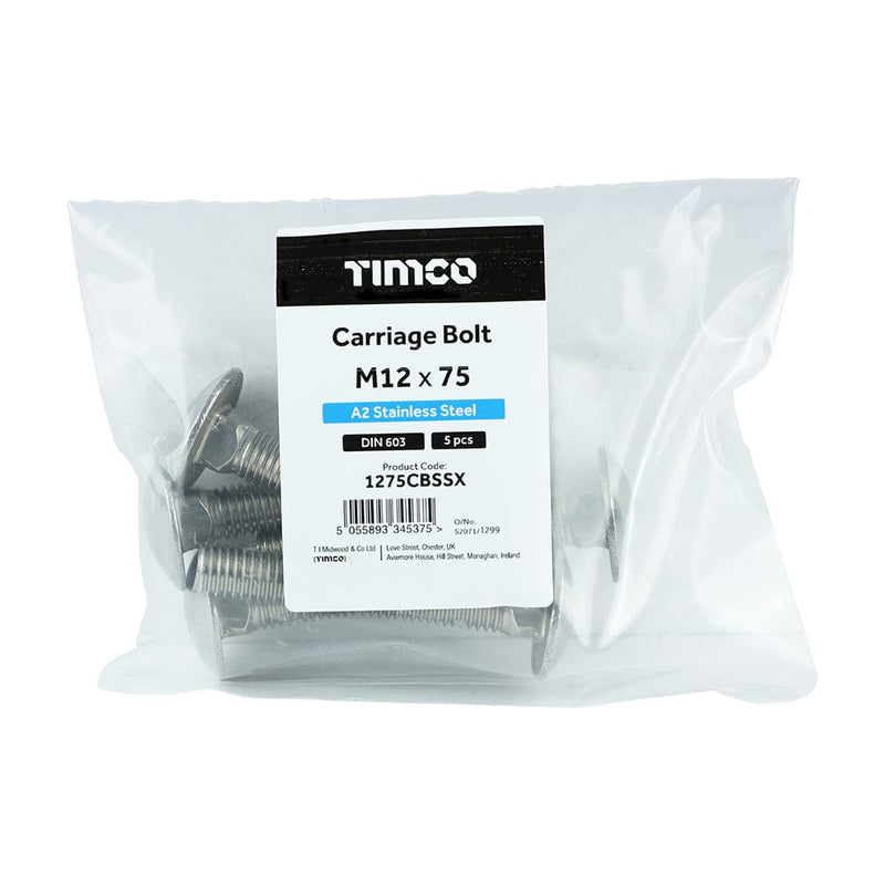 TIMCO Fasteners & Fixings M12 x 75 / 5 TIMCO Carriage Bolts DIN603 A2 Stainless Steel