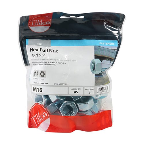 TIMCO Fasteners & Fixings M16 / 45 / TIMbag TIMCO Hex Full Nuts DIN934 Silver