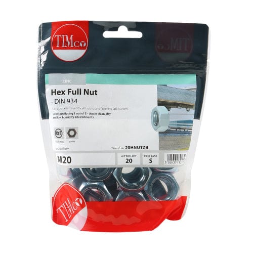 TIMCO Fasteners & Fixings M20 / 20 / TIMbag TIMCO Hex Full Nuts DIN934 Silver