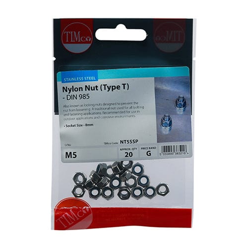 TIMCO Fasteners & Fixings M5 / 20 TIMCO Nylon Insert Nuts Type T DIN985 A2 Stainless Steel
