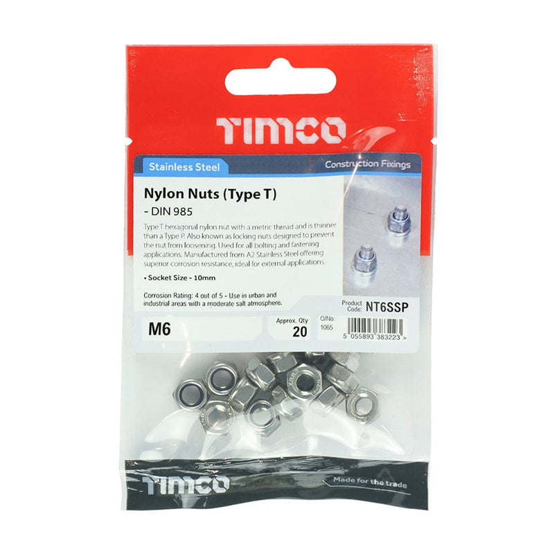 TIMCO Fasteners & Fixings M6 / 20 TIMCO Nylon Insert Nuts Type T DIN985 A2 Stainless Steel