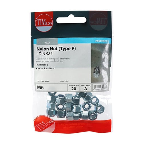 TIMCO Fasteners & Fixings M6 / 20 / TIMpac TIMCO Nylon Insert Nuts Type P DIN982 Silver