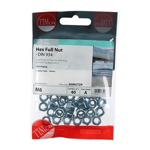 TIMCO Fasteners & Fixings M6 / 40 / TIMpac TIMCO Hex Full Nuts DIN934 Silver