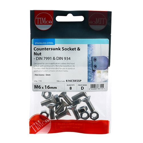 TIMCO Fasteners & Fixings M6 x 16 / 8 TIMCO Countersunk Socket Screws DIN7991 A2 Stainless Steel