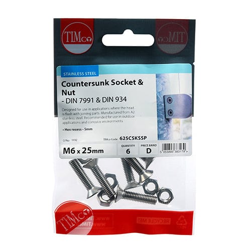 TIMCO Fasteners & Fixings M6 x 25 / 6 TIMCO Countersunk Socket Screws DIN7991 A2 Stainless Steel