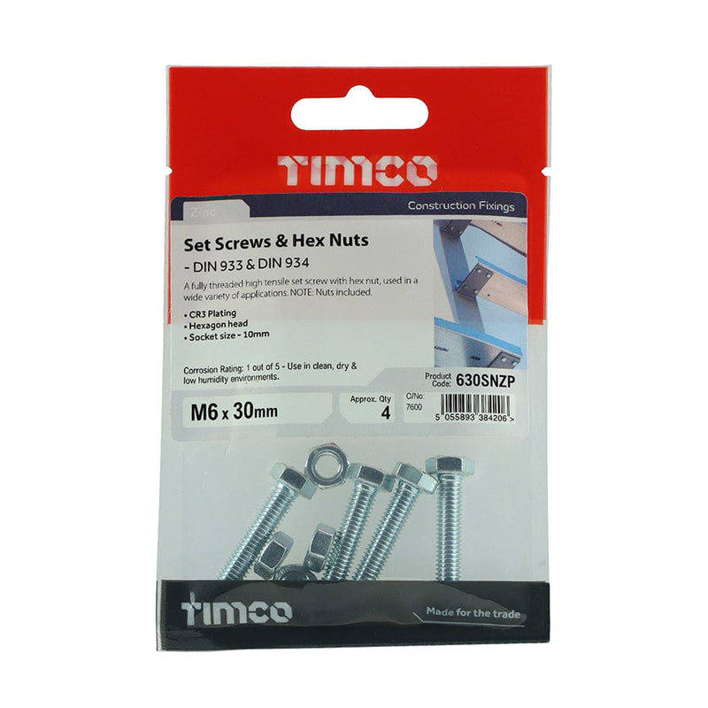 TIMCO Fasteners & Fixings M6 x 30 / 4 / TIMpac TIMCO Set Screws DIN933 Grade 8.8 & Hex Nut DIN934 Silver