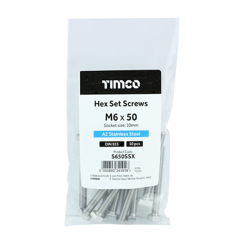 TIMCO Fasteners & Fixings M6 x 50 / 10 TIMCO Set Screws DIN933 A2 Stainless Steel