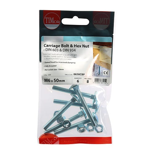 TIMCO Fasteners & Fixings M6 x 50 / 6 / TIMpac TIMCO Carriage Bolts DIN603 & Hex Full Nut DIN934 Silver