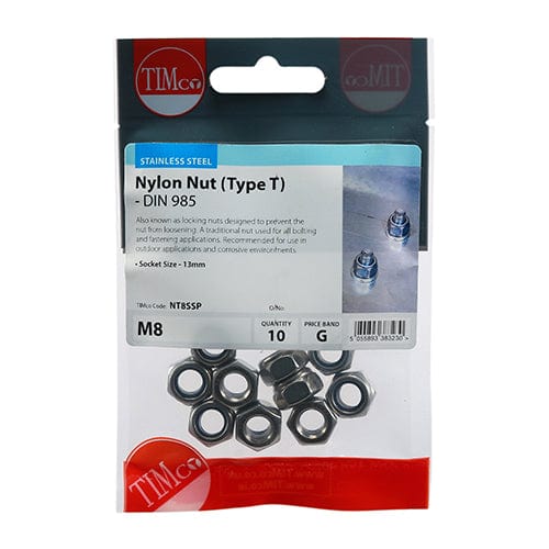 TIMCO Fasteners & Fixings M8 / 10 TIMCO Nylon Insert Nuts Type T DIN985 A2 Stainless Steel