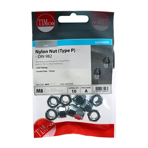 TIMCO Fasteners & Fixings M8 / 10 / TIMpac TIMCO Nylon Insert Nuts Type P DIN982 Silver