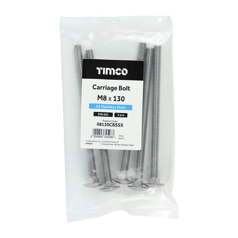 TIMCO Fasteners & Fixings M8 x 130 / 5 TIMCO Carriage Bolts DIN603 A2 Stainless Steel