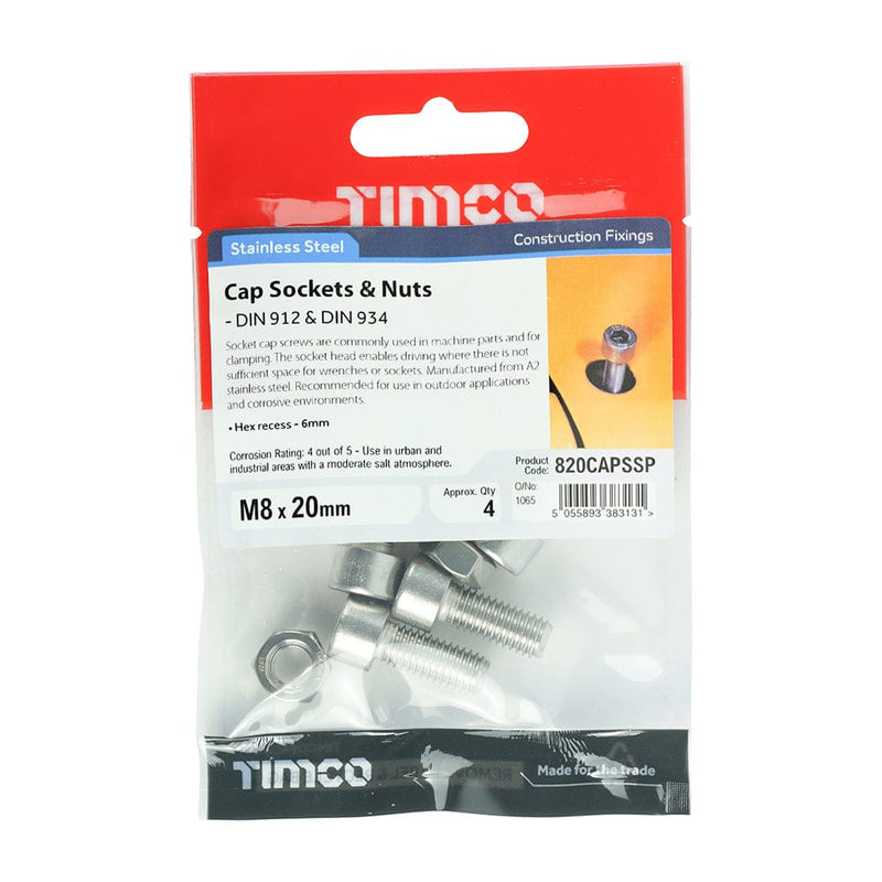 TIMCO Fasteners & Fixings M8 x 20 / 4 TIMCO Cap Socket Screws DIN912 A2 Stainless Steel