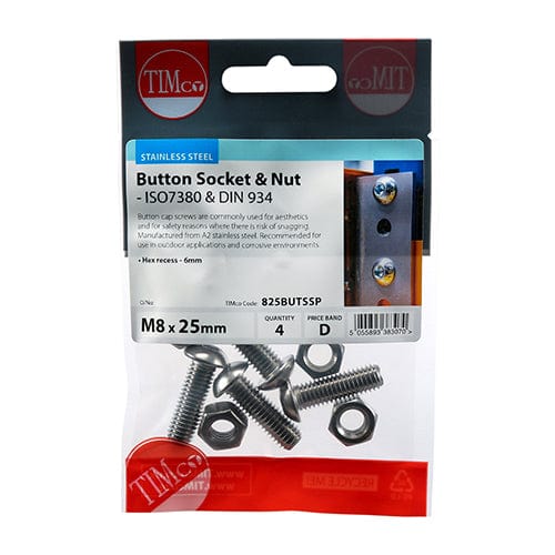 TIMCO Fasteners & Fixings M8 x 25 / 4 TIMCO Button Socket Screws ISO7380 A2 Stainless Steel