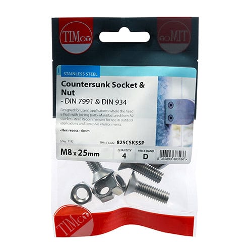 TIMCO Fasteners & Fixings M8 x 25 / 4 TIMCO Countersunk Socket Screws DIN7991 A2 Stainless Steel