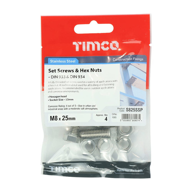 TIMCO Fasteners & Fixings M8 x 25 / 4 TIMCO Set Screws DIN933 Hex & Nut DIN934 Silver A2 Stainless Steel