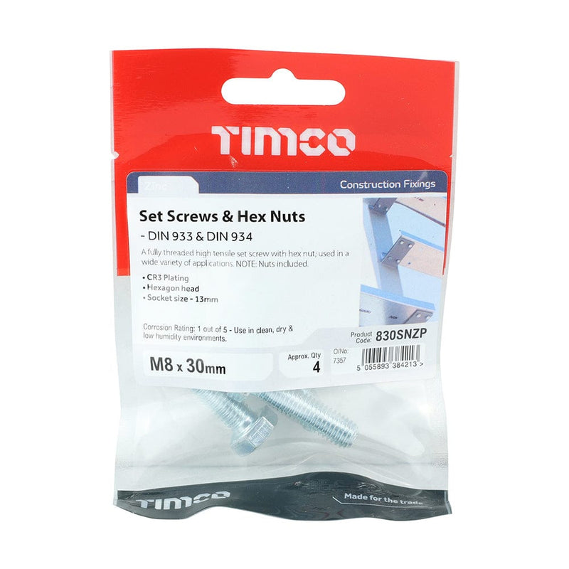 TIMCO Fasteners & Fixings M8 x 30 / 4 / TIMpac TIMCO Set Screws DIN933 Grade 8.8 & Hex Nut DIN934 Silver