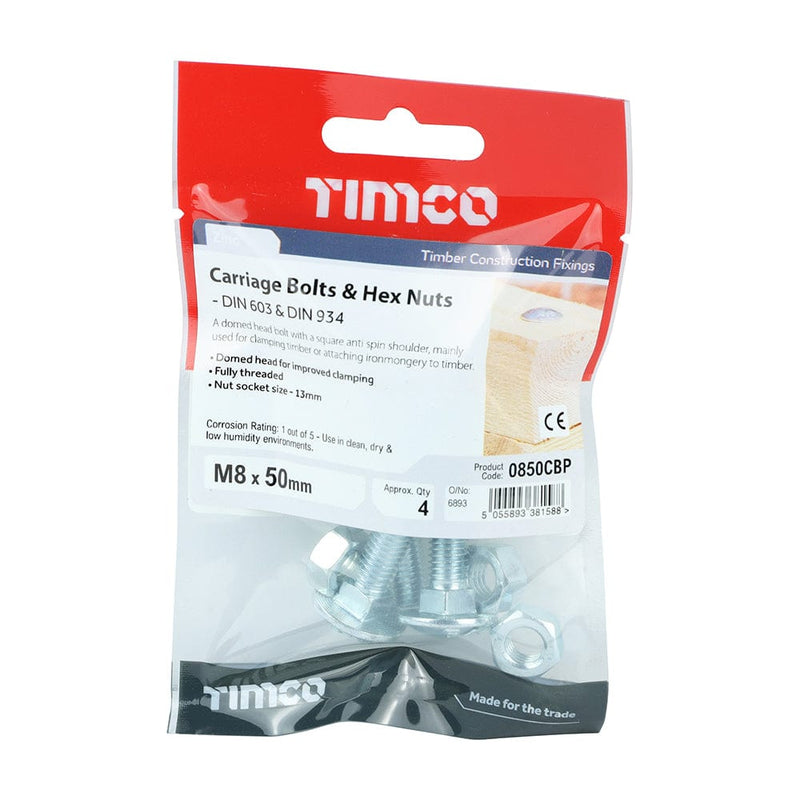 TIMCO Fasteners & Fixings M8 x 50 / 4 / TIMpac TIMCO Carriage Bolts DIN603 & Hex Full Nut DIN934 Silver