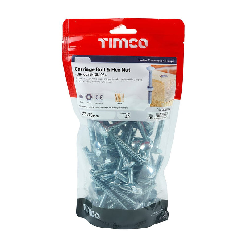 TIMCO Fasteners & Fixings M8 x 75 / 40 / TIMbag TIMCO Carriage Bolts DIN603 & Hex Full Nut DIN934 Silver