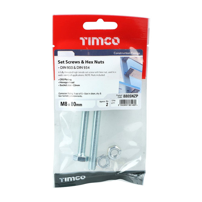 TIMCO Fasteners & Fixings M8 x 80 / 2 / TIMpac TIMCO Set Screws DIN933 Grade 8.8 & Hex Nut DIN934 Silver