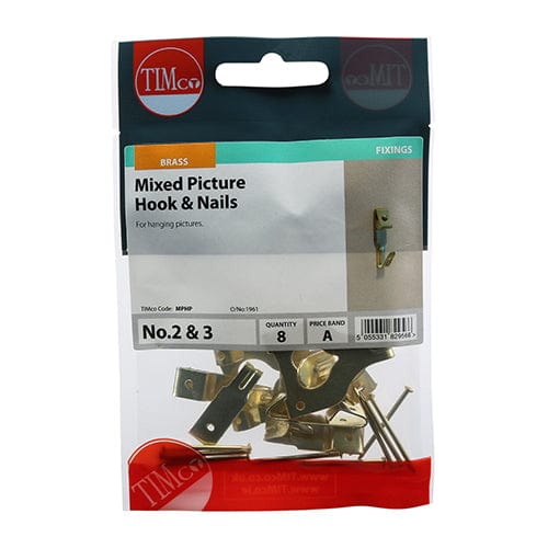 TIMCO Fasteners & Fixings Mixed / 8 TIMCO Mixed Picture Hanging Hooks Electro Brass