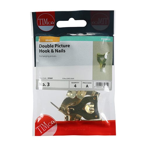 TIMCO Fasteners & Fixings No.3 Double / 4 TIMCO Mixed Picture Hanging Hooks Electro Brass