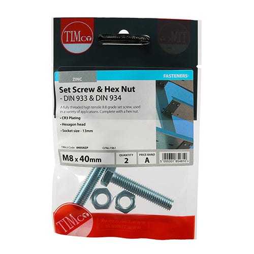 TIMCO Fasteners & Fixings TIMCO Set Screws DIN933 Grade 8.8 & Hex Nut DIN934 Silver