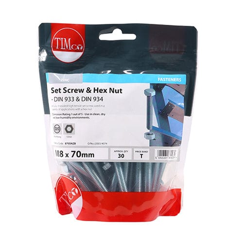 TIMCO Fasteners & Fixings TIMCO Set Screws DIN933 Grade 8.8 & Hex Nut DIN934 Silver