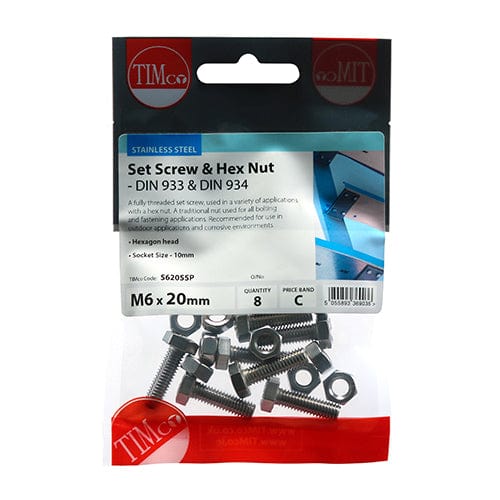 TIMCO Fasteners & Fixings TIMCO Set Screws DIN933 Hex & Nut DIN934 Silver A2 Stainless Steel