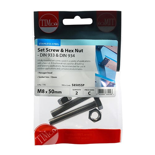 TIMCO Fasteners & Fixings TIMCO Set Screws DIN933 Hex & Nut DIN934 Silver A2 Stainless Steel