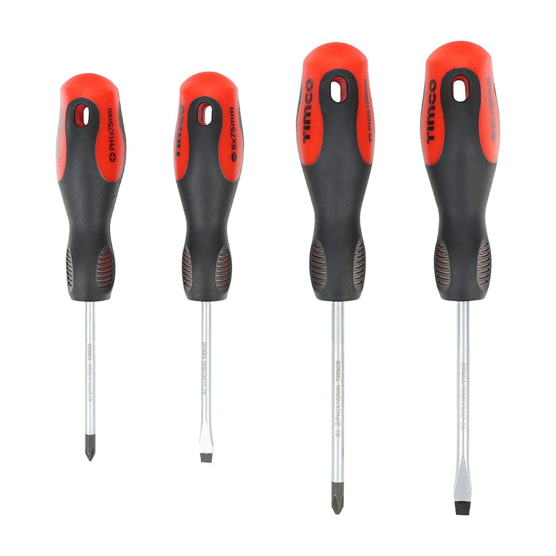 TIMCO Hand Tools 4 Pieces Timco Screwdriver Set, Slotted And Phillips Screwdrivers With Magnetic Tips, Ergonomic Anti-Slip Handles - Pack Qty - 1 Ea